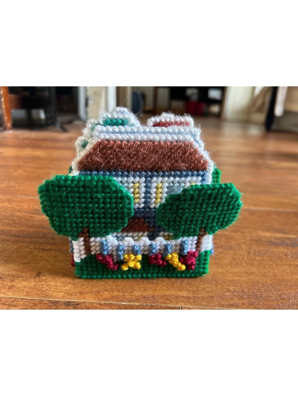 Handmade Cross-Stitch House Coasters with Holder Set of 6